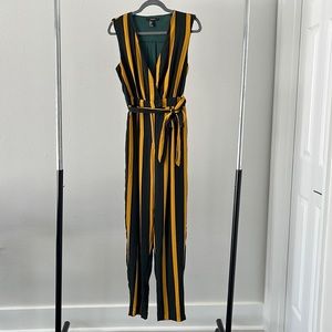 Forever 21 Striped Belted V-Neck Jumpsuit Size S